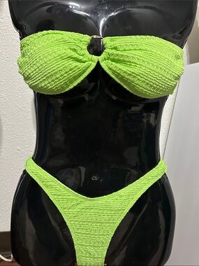 Neon Green Textured Bandeau Bikini Set Brand SHEIN